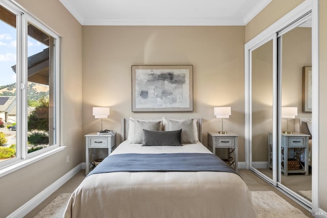 3439 Selene Ct, Santa Rosa, CA 95404 - bedroom featuring crown molding, a closet, and light colored carpet