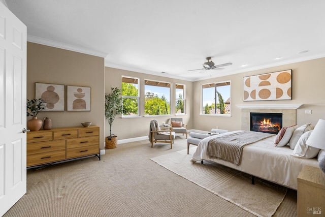 3439 Selene Ct, Santa Rosa, CA 95404 - bedroom with ornamental molding, carpet flooring, a tile fireplace, and ceiling fan