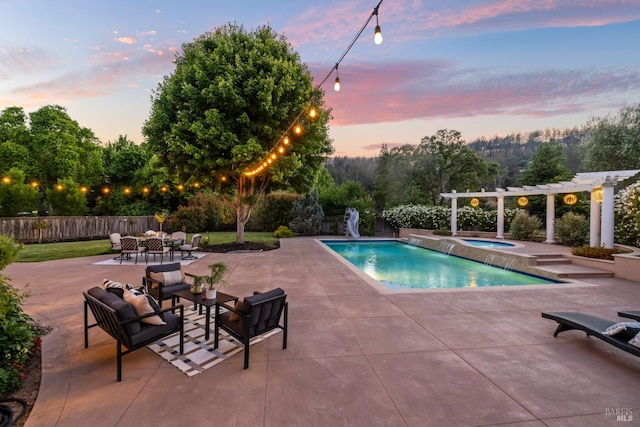 3439 Selene Ct, Santa Rosa, CA 95404 - pool at dusk with a water slide, an outdoor hot tub, a pergola, a patio area, and an outdoor living space