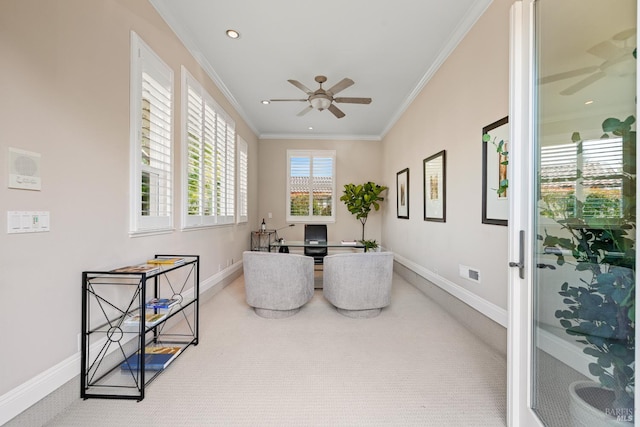 3439 Selene Ct, Santa Rosa, CA 95404 - living area with a ceiling fan, a desk, carpet floors, crown molding, and recessed lighting