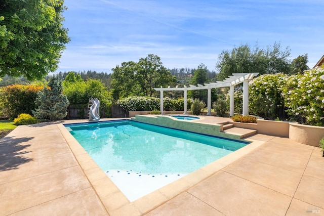 3439 Selene Ct, Santa Rosa, CA 95404 - view of swimming pool with a water slide, an in-ground hot tub, a pergola, and a patio
