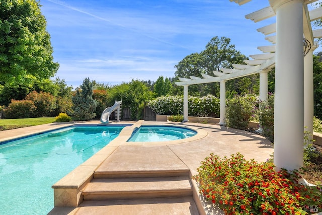3439 Selene Ct, Santa Rosa, CA 95404 - view of pool with a water slide, an in-ground hot tub, and a pergola