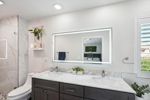 1105 Coulter Ct, Fairfield, CA 94533 - bathroom with double vanity, a marble finish shower, and a textured wall