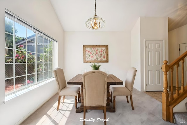 1908 Alpine Ct, Petaluma, CA 94954 - dining space with a chandelier, light colored carpet, stairs, and vaulted ceiling