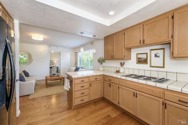 378 Miramonte Pl, Santa Rosa, CA 95409 - kitchen with electric cooktop, open floor plan, light wood finished floors, a peninsula, and a textured ceiling