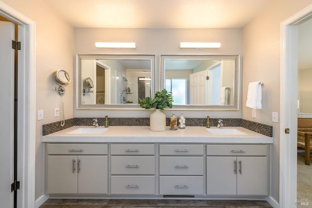 378 Miramonte Pl, Santa Rosa, CA 95409 - full bathroom featuring double vanity, decorative backsplash, and a shower with door