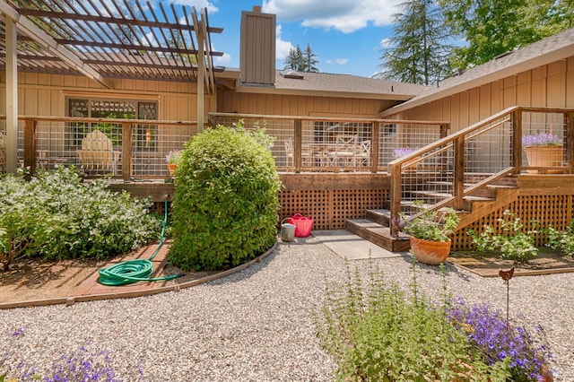 616 Wild Oak Dr, Santa Rosa, CA 95409 - doorway to property with a chimney, roof with shingles, a pergola, and board and batten siding