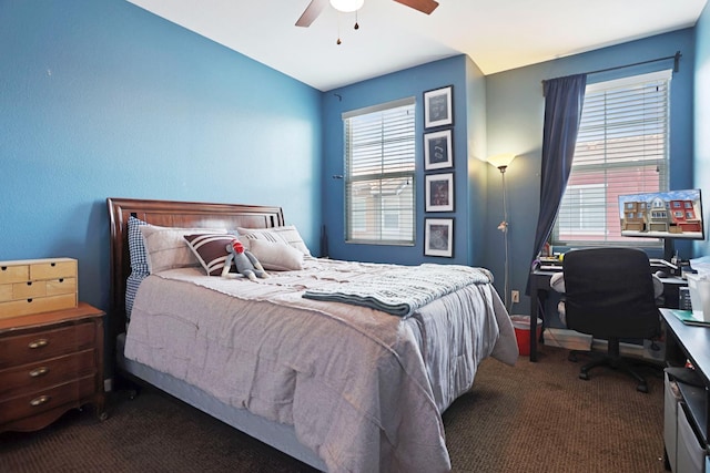 1756 Camino Real Way, Roseville, CA 95747 - bedroom with multiple windows, dark carpet, a desk, a ceiling fan, and vaulted ceiling
