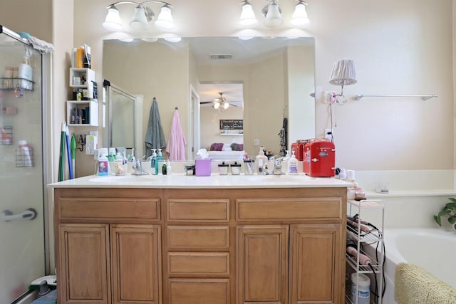 1756 Camino Real Way, Roseville, CA 95747 - bathroom featuring double vanity, a bath, a stall shower, and ceiling fan