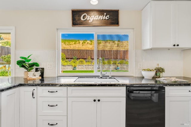 510 Hastings Dr, Benicia, CA 94510 - kitchen with dishwasher, white cabinetry, dark stone countertops, and backsplash