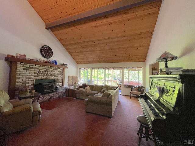 32691 Pearl Dr, Fort Bragg, CA 95437 - carpeted living area featuring high vaulted ceiling, a wood stove, and a wooden ceiling with exposed beams