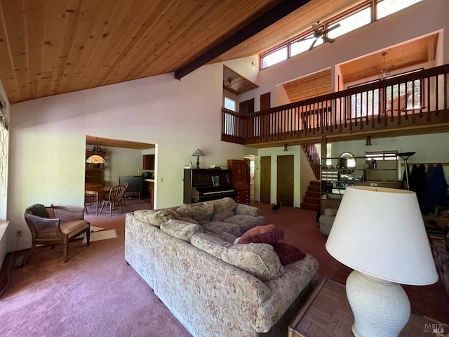 32691 Pearl Dr, Fort Bragg, CA 95437 - carpeted living room featuring stairway, high vaulted ceiling, and a wooden ceiling with exposed beams