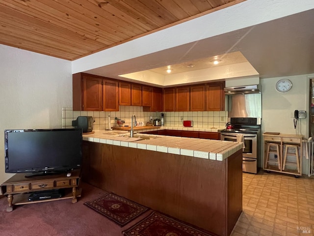 32691 Pearl Dr, Fort Bragg, CA 95437 - kitchen with tile counters, stainless steel electric stove, a peninsula, tasteful backsplash, and wood ceiling