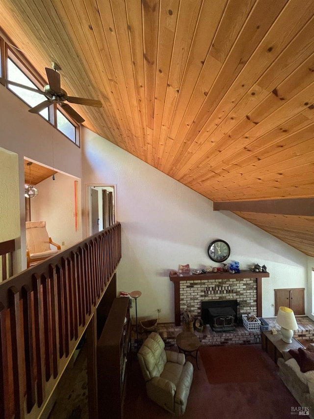 32691 Pearl Dr, Fort Bragg, CA 95437 - living room with vaulted ceiling, wooden ceiling, ceiling fan, carpet, and a fireplace