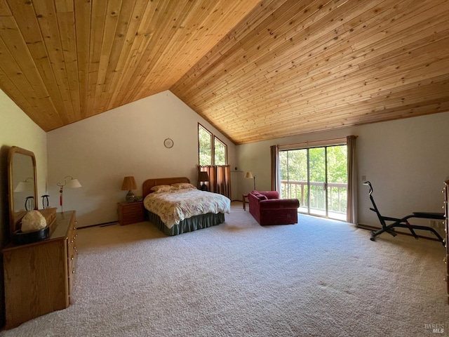 32691 Pearl Dr, Fort Bragg, CA 95437 - bedroom with access to outside, carpet flooring, vaulted ceiling, and wooden ceiling