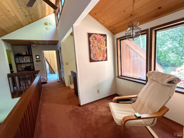 32691 Pearl Dr, Fort Bragg, CA 95437 - sitting room with vaulted ceiling, wood ceiling, carpet, an upstairs landing, and ceiling fan