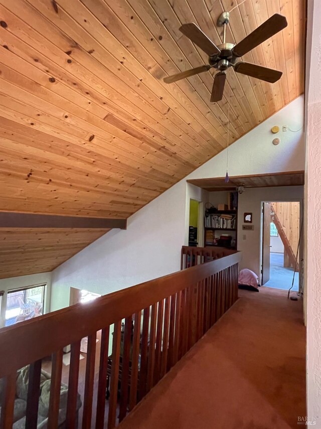32691 Pearl Dr, Fort Bragg, CA 95437 - hallway featuring wood ceiling, vaulted ceiling, and carpet floors