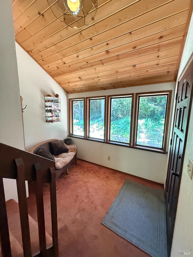 32691 Pearl Dr, Fort Bragg, CA 95437 - living area with wood ceiling, carpet flooring, and vaulted ceiling