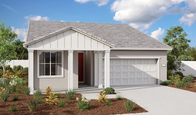 1110 Carson River Ct, Lathrop, CA 95330 - view of front of home featuring an attached garage, board and batten siding, concrete driveway, and stucco siding