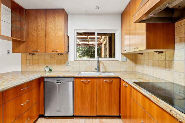 1288 Triple Oak Way, Fulton, CA 95439 - kitchen featuring stainless steel dishwasher, under cabinet range hood, black electric cooktop, light stone counters, and tasteful backsplash