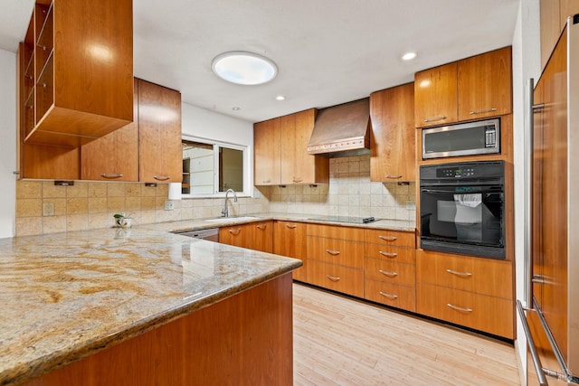 1288 Triple Oak Way, Fulton, CA 95439 - kitchen with black appliances, premium range hood, open shelves, light stone counters, and brown cabinetry
