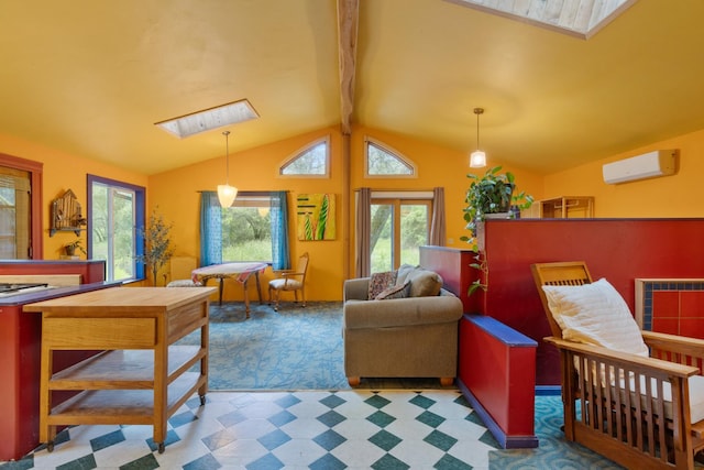 5338 Deception River Rd, Chico, CA 95928 - living room with a wall mounted air conditioner, a skylight, tile patterned floors, and carpet floors