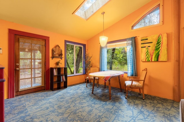 5338 Deception River Rd, Chico, CA 95928 - carpeted dining area with a skylight and high vaulted ceiling