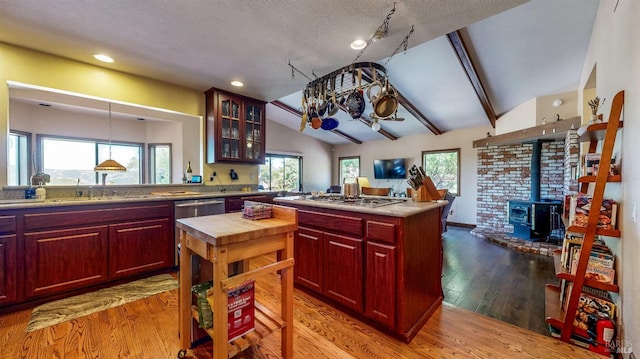 4389 Summit View Ranch Rd, Santa Rosa, CA 95404 - kitchen featuring appliances with stainless steel finishes, reddish brown cabinets, wood finished floors, healthy amount of natural light, and recessed lighting