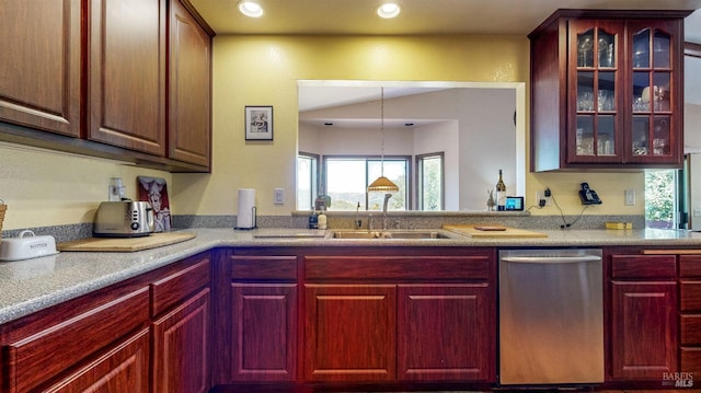4389 Summit View Ranch Rd, Santa Rosa, CA 95404 - kitchen featuring stainless steel dishwasher, dark brown cabinets, light countertops, glass insert cabinets, and recessed lighting