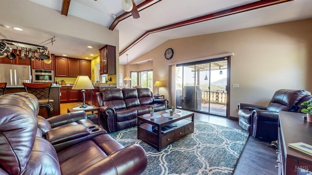 4389 Summit View Ranch Rd, Santa Rosa, CA 95404 - living room featuring vaulted ceiling, wood finished floors, and a ceiling fan