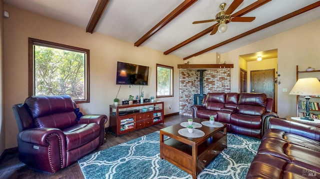 4389 Summit View Ranch Rd, Santa Rosa, CA 95404 - living room featuring a wood stove, a ceiling fan, wood finished floors, and plenty of natural light