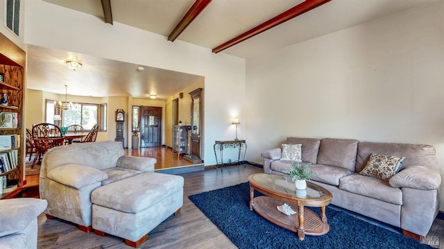 4389 Summit View Ranch Rd, Santa Rosa, CA 95404 - living area featuring dark wood finished floors, beamed ceiling, and a chandelier