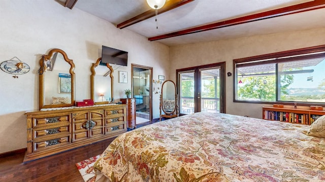 4389 Summit View Ranch Rd, Santa Rosa, CA 95404 - bedroom with access to exterior, hardwood / wood-style floors, beamed ceiling, and french doors