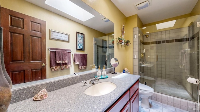 4389 Summit View Ranch Rd, Santa Rosa, CA 95404 - bathroom featuring a skylight, vanity, tile patterned floors, and a stall shower
