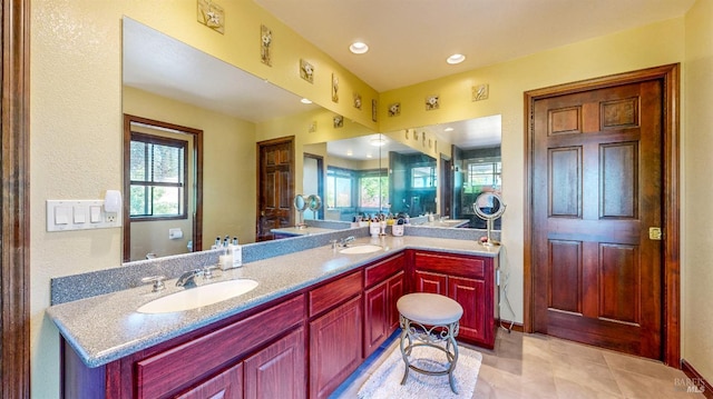 4389 Summit View Ranch Rd, Santa Rosa, CA 95404 - full bath with double vanity, tile patterned flooring, and recessed lighting