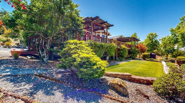 4389 Summit View Ranch Rd, Santa Rosa, CA 95404 - view of green lawn with a pergola and a wooden deck