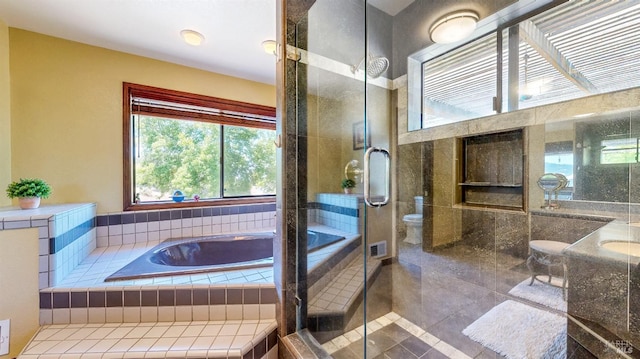 4389 Summit View Ranch Rd, Santa Rosa, CA 95404 - bathroom with a garden tub, tile patterned floors, a shower stall, and vanity