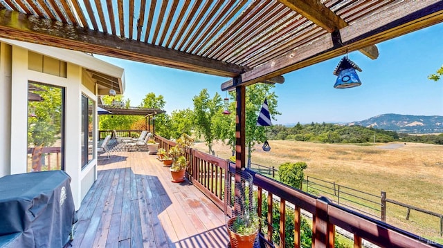 4389 Summit View Ranch Rd, Santa Rosa, CA 95404 - wooden deck featuring a mountain view, a pergola, and a rural view
