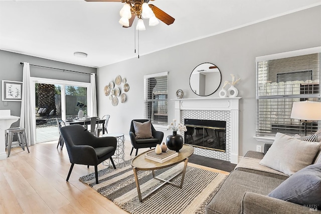 159 Suncliff Pl, Vallejo, CA 94591 - living room featuring ceiling fan, wood finished floors, and a tile fireplace