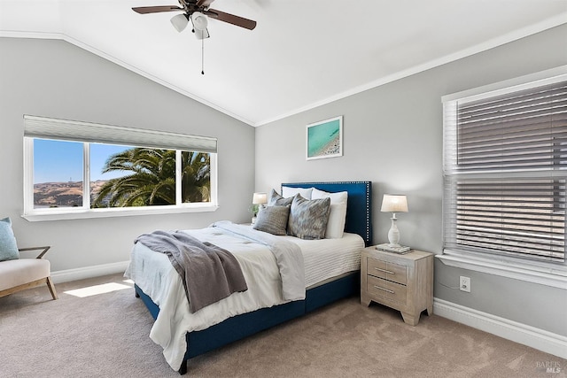 159 Suncliff Pl, Vallejo, CA 94591 - bedroom featuring light colored carpet, vaulted ceiling, a ceiling fan, and ornamental molding