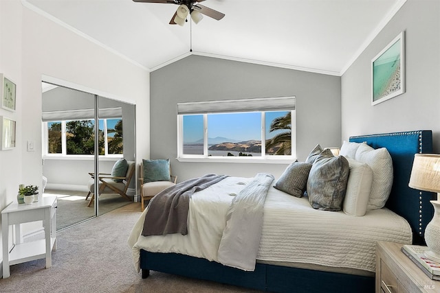 159 Suncliff Pl, Vallejo, CA 94591 - bedroom with carpet flooring, vaulted ceiling, crown molding, and a ceiling fan