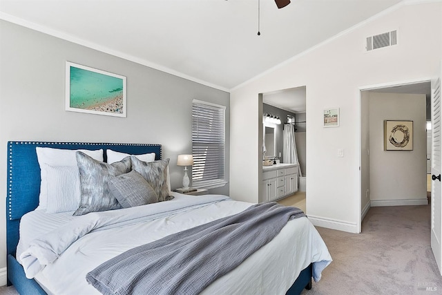 159 Suncliff Pl, Vallejo, CA 94591 - bedroom featuring light colored carpet, lofted ceiling, ornamental molding, ensuite bathroom, and ceiling fan