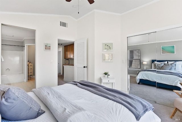 159 Suncliff Pl, Vallejo, CA 94591 - bedroom featuring carpet, ornamental molding, a closet, ceiling fan, and high vaulted ceiling