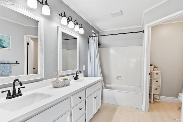 159 Suncliff Pl, Vallejo, CA 94591 - bathroom with shower / bathtub combination with curtain, wood finished floors, double vanity, and crown molding