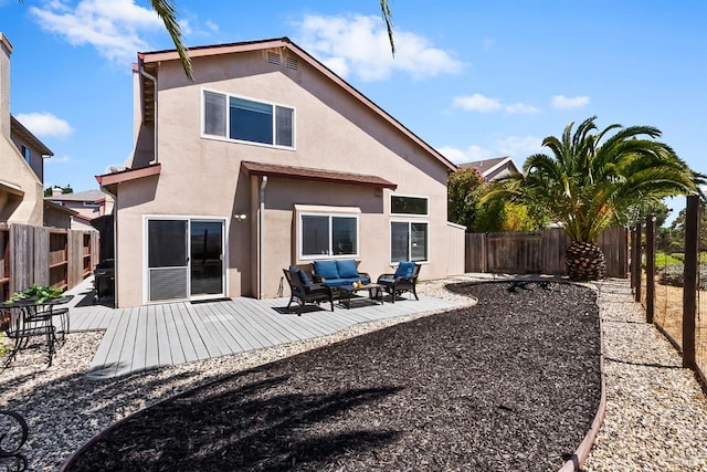 159 Suncliff Pl, Vallejo, CA 94591 - rear view of house with outdoor lounge area, a fenced backyard, stucco siding, and a wooden deck