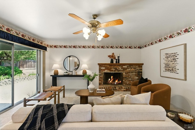 7 Arlene Ct, Petaluma, CA 94952 - living area with carpet floors, a fireplace, and a ceiling fan