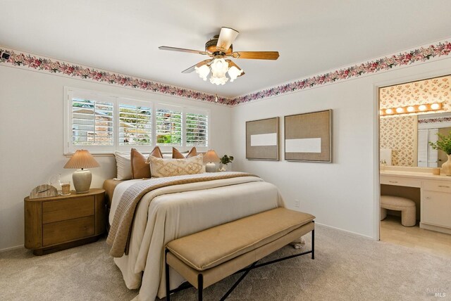 7 Arlene Ct, Petaluma, CA 94952 - bedroom featuring light colored carpet, connected bathroom, and ceiling fan