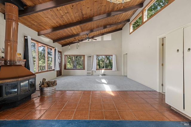 210 Valley View Dr, Petaluma, CA 94952 - unfurnished living room with a wooden ceiling with exposed beams, carpet flooring, ceiling fan, tile patterned flooring, and high vaulted ceiling