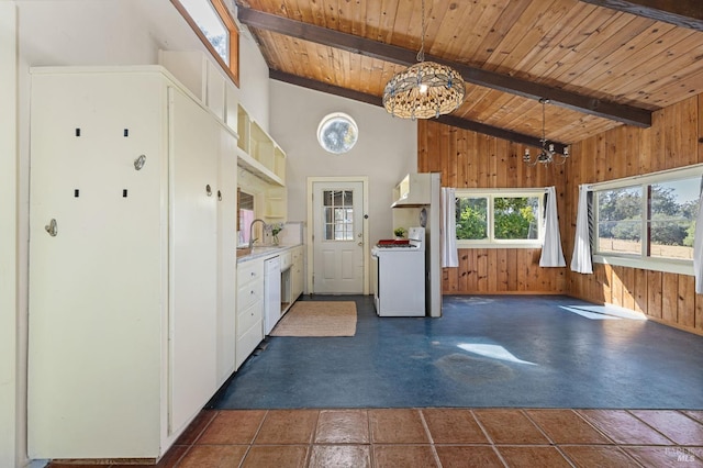 210 Valley View Dr, Petaluma, CA 94952 - kitchen with range, wood walls, white cabinets, wood ceiling, and dishwasher