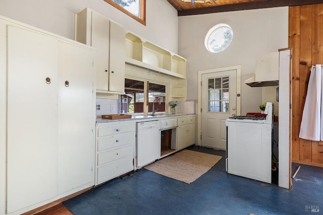 210 Valley View Dr, Petaluma, CA 94952 - kitchen with white appliances, open shelves, concrete floors, healthy amount of natural light, and a towering ceiling